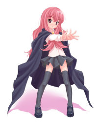 Rule 34 | 00s, 1girl, black dress, black thighhighs, blush, cape, dress, full body, legs apart, long hair, louise francoise le blanc de la valliere, nekopuchi, outstretched arms, pentacle, pink eyes, pink hair, shoes, skirt, solo, standing, thighhighs, white background, zero no tsukaima