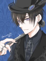Rule 34 | 1boy, black hair, black nails, black shirt, black vest, blue background, collar x malice, collared shirt, cross, cross necklace, earrings, hat, highres, jewelry, long sleeves, looking at viewer, male focus, mero-yoruyami, necklace, purple eyes, ring, shirt, short hair, solo, vest, yanagi aiji