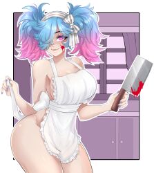 Rule 34 | 1girl, absurdres, apron, armpit crease, ass, blood, blood on face, blue hair, blue nails, breasts, commentary, fire emblem, fire emblem fates, heart, heart-shaped pupils, highres, kitchen knife, knife, kyhsoren, large breasts, multicolored hair, nail polish, naked apron, nintendo, peri (fire emblem), pink eyes, pink hair, pink nails, smile, solo, symbol-shaped pupils, twintails, two-tone hair, two-tone nails