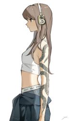Rule 34 | 1girl, arm tattoo, brown hair, from side, headphones, highres, kimura 731, long hair, simple background, solo, tank top, tattoo, white background, white tank top