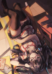 Rule 34 | 1girl, amasaki kagin, arm up, black hair, black skirt, black thighhighs, book, breasts, brown eyes, chair, closed mouth, collarbone, controller, day, dualshock, from above, game controller, gamepad, glasses, headphones, headphones around neck, highres, huanxiang huifeng, long hair, looking at viewer, looking up, lying, medium breasts, miniskirt, no shoes, on back, original, playstation controller, pleated skirt, red-framed eyewear, remote control, semi-rimless eyewear, shirt, short sleeves, skirt, smile, solo, sunlight, sweatband, t-shirt, thighhighs, under-rim eyewear, upside-down, vocaloid, vocanese, zettai ryouiki