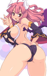 Rule 34 | 1girl, ass, back, bare shoulders, detached sleeves, disgaea, fang, highres, horns, kihaiu, la pucelle, long hair, looking at viewer, looking back, maou prier, no legwear, pink hair, prier, red eyes, revealing clothes, v