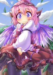Rule 34 | 2girls, animal ears, black legwear, blonde hair, blush, cloud, day, dress, female focus, frilled skirt, frills, fun bo, hat, leaf, lily white, long sleeves, multiple girls, mystia lorelei, nature, outdoors, outstretched arms, pink hair, purple eyes, short hair, skirt, skirt hold, sky, spread arms, tears, thighhighs, touhou, tree, wings