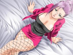 Rule 34 | 1girl, arm support, bed, breasts, business suit, camisole, cleavage, crossed legs, dutch angle, earrings, fishnet pantyhose, fishnets, formal, from above, game cg, glasses, green eyes, grey eyes, huge breasts, jacket, jewelry, kagemichi, large breasts, legs, lipstick, makeup, mature female, meshimase idol, miniskirt, no bra, office lady, open clothes, open shirt, pantyhose, pencil skirt, ponytail, purple hair, shirt, sitting, skirt, skirt suit, sleeves rolled up, solo, suit, yue chi-hong, yue hoochin