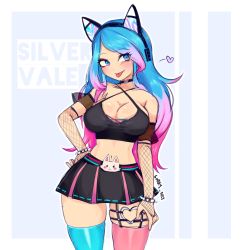 Rule 34 | 1girl, artist name, blue eyes, blue hair, blue thighhighs, blush, breasts, cleavage, closed mouth, hand on own hip, heart, highres, large breasts, looking at viewer, multicolored eyes, multicolored hair, navel, pink eyes, pink hair, pink thighhighs, silvervale, silvervale (1st costume), solo, sorry art, thighhighs, tongue, tongue out, two-tone hair, virtual youtuber, vshojo