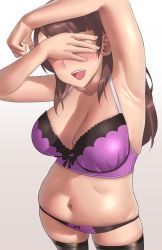 Rule 34 | 1girl, armpits, arms up, belly, black thighhighs, blush, bra, breasts, brown hair, cleavage, commentary request, covering own eyes, cowboy shot, earrings, gradient background, highres, jewelry, large breasts, long hair, navel, open mouth, original, plump, purple bra, ryokucha michi, simple background, smile, solo, thighhighs, underwear, underwear only