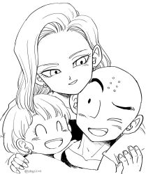 Rule 34 | 1boy, 2girls, ;d, ^ ^, android 18, bald, black eyes, close-up, closed eyes, commentary, couple, dragon ball, dragonball z, earrings, english commentary, eyelashes, family, father and daughter, fingernails, happy, hetero, hug, hug from behind, image sample, jewelry, kuririn, looking at another, marron (dragon ball), monochrome, mother and daughter, multiple girls, one eye closed, open mouth, short hair, simple background, smile, tkgsize, twitter sample, twitter username, upper body, white background