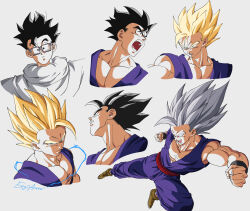 Rule 34 | absurdres, artist name, black eyes, black hair, blonde hair, commentary, dougi, dragon ball, dragon ball super, dragon ball super super hero, eegiiartto, electricity, furrowed brow, glasses, gohan beast, green eyes, grey hair, highres, kicking, multiple persona, open mouth, potential unleashed, red eyes, serious, shoulder pads, signature, son gohan, super saiyan, super saiyan 1, super saiyan 2