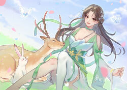 Rule 34 | 1girl, :3, absurdres, artist request, baiguio (zhu xian), blue sky, brown hair, bug, butterfly, clothing cutout, curled fingers, deer, dress, earrings, falling petals, grass, green dress, highres, insect, jewelry, light particles, long hair, long sleeves, petals, rabbit, sash, second-party source, shoulder cutout, single bare leg, single thighhigh, sitting, sky, smile, solo, teeth, thighhighs, zhu xian