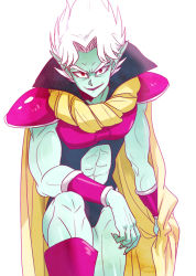 Rule 34 | 1boy, abs, anzumame, boots, bracelet, cape, colored skin, dragon ball, fangs, gasshu, green skin, jewelry, male focus, open mouth, pointy ears, red eyes, simple background, solo, spice (dbz), spiked hair, white background, white hair