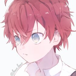 Rule 34 | 1boy, blue eyes, character request, check character, collared shirt, diabolik lovers, fang, fang out, frown, hano luno, highres, male focus, red hair, sakamaki ayato, shirt, short hair, solo, v-shaped eyebrows