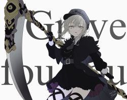 Rule 34 | 1girl, alternate costume, belt, belt buckle, black capelet, black dress, black gloves, black headwear, breasts, buckle, cabbie hat, capelet, chili-tomato (gekikaraya), commentary request, dated, dress, english text, fate (series), gloves, gray (fate), grey belt, grey hair, grey neckwear, hair between eyes, hat, highres, holding, holding scythe, holding weapon, long sleeves, looking at viewer, lord el-melloi ii case files, medium breasts, necktie, parted lips, scythe, sidelocks, signature, weapon, white background, yellow eyes