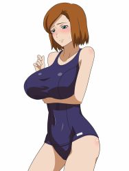 Rule 34 | 10s, 1girl, blush, breasts, brown hair, embarrassed, female focus, green eyes, gundam, gundam age, highres, kh-fullhouse, large breasts, one-piece swimsuit, romary asuno, romary stone, school swimsuit, short hair, simple background, solo, sweatdrop, swimsuit, white background