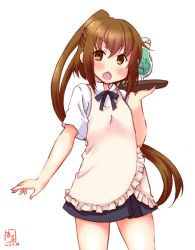 Rule 34 | 1girl, apron, artist logo, black ribbon, black skirt, brown eyes, brown hair, chestnut mouth, collared shirt, commentary request, cosplay, dated, frilled apron, frills, fumizuki (kancolle), highres, kanon (kurogane knights), kantai collection, long hair, look-alike, looking at viewer, neck ribbon, open mouth, ponytail, ribbon, shirt, simple background, skirt, solo, taneshima popura, taneshima popura (cosplay), wagnaria uniform, white background, white shirt, working!!