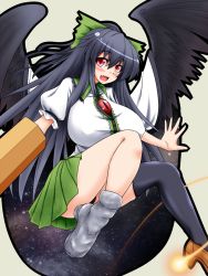 Rule 34 | 1girl, arm cannon, asymmetrical footwear, black hair, black legwear, black wings, blush, bow, breasts, cape, hair bow, highres, large breasts, mismatched footwear, open mouth, parmiria, ponytail, red eyes, reiuji utsuho, solo, thighs, touhou, weapon, wings