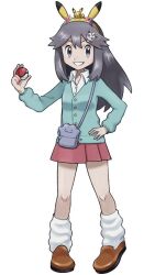 Rule 34 | 1girl, adapted costume, bag, brown footwear, buttons, cardigan, collared shirt, commentary request, creatures (company), ditto, eyelashes, game freak, gen 1 pokemon, green cardigan, grey eyes, grin, hair flaps, hairband, hand on own hip, hand up, holding, holding poke ball, jeri20, jigglypuff, knees, leaf (pokemon), long hair, loose socks, nintendo, pikachu, pleated skirt, poke ball, poke ball (basic), pokemon, pokemon frlg, shirt, shoes, shoulder bag, sidelocks, skirt, smile, socks, solo, teeth, white shirt, white socks, yellow hairband