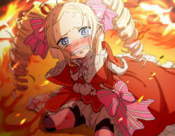 Rule 34 | 10s, 1girl, beatrice (re:zero), blonde hair, blue eyes, blurry, blush, clenched teeth, crown, crying, crying with eyes open, depth of field, dress, drill hair, fire, hair ribbon, hands on own face, head tilt, long hair, looking at viewer, mini crown, nose blush, on floor, pantyhose, re:zero kara hajimeru isekai seikatsu, ribbon, shake sawa, sitting, solo, striped clothes, striped pantyhose, tears, teeth, twin drills