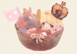 Rule 34 | 1boy, 1girl, :o, afro, animal, animal on head, bad id, bad pixiv id, basket, blonde hair, blush stickers, bow, rabbit, rabbit on head, character request, commentary request, crown, flag, flower, grey hair, hair flower, hair ornament, in basket, male focus, manino (mofuritaionaka), on head, open mouth, red flower, simple background, work x work