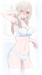 Rule 34 | 1girl, arm behind head, arm up, armpits, blonde hair, blue bra, blue eyes, blue panties, blush, bra, breasts, cowboy shot, eyebrows visible through hat, highres, hyoshiki, indoors, light switch, medium breasts, navel, original, panties, parted lips, solo, stomach, thighhighs, top-load washing machine, underwear, underwear only, washing machine, wet, white thighhighs