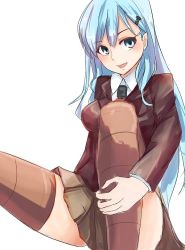 Rule 34 | 10s, 1girl, ascot, bad id, bad pixiv id, blue eyes, blue hair, blush, brown skirt, brown thighhighs, hair ornament, hairclip, hand on leg, kantai collection, long hair, looking at viewer, matching hair/eyes, pleated skirt, school uniform, simple background, sitting, skirt, solo, striped clothes, striped thighhighs, suzuya (kancolle), thighhighs, tokoi, white background