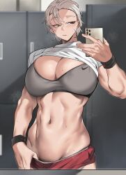 Rule 34 | 1girl, black wristband, blonde hair, breasts, buruma, clothes lift, clothes pull, grey sports bra, highres, large breasts, locker, locker room, mirror, nike (company), original, pubic stubble, pulled by self, red shorts, scar, scar on face, selfie, shirt, shirt lift, short hair, shorts, shorts pull, sports bra, steaming body, sweat, toned, toned female, urec, white shirt, wristband