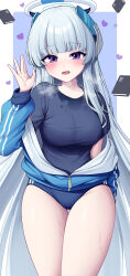 Rule 34 | 1girl, :d, absurdres, blue archive, blue background, blue hair, blunt bangs, blush, book, breasts, buruma, commentary request, halo, heart, heavy breathing, highres, jacket, large breasts, long hair, medium breasts, metaljelly, noa (blue archive), off shoulder, open mouth, purple eyes, revision, smile, solo, sweat, very long hair