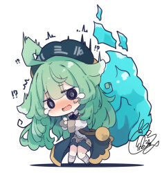Rule 34 | !?, 1girl, ^^^, ahoge, beni shake, beret, black footwear, black hat, black jacket, black shorts, blue fire, blush, chibi, commentary request, fire, full body, green hair, hair between eyes, hat, honkai: star rail, honkai (series), huohuo (honkai: star rail), jacket, long hair, nose blush, open mouth, shadow, shoes, shorts, signature, simple background, socks, solo, surprised, teardrop, very long hair, wavy mouth, white background, white socks