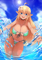 Rule 34 | 1girl, :d, ahoge, bikini, blue eyes, breasts, cleavage, cowboy shot, day, elf, fanbox username, flower, glint, gluteal fold, green bikini, groin, hair flower, hair ornament, hanging breasts, highres, jewelry, large breasts, leaning forward, lily (rocky-ace), looking at viewer, necklace, open mouth, original, outdoors, pearl necklace, pointy ears, smile, solo, splashing, swimsuit, teeth, thigh gap, upper teeth only, virus-g, water