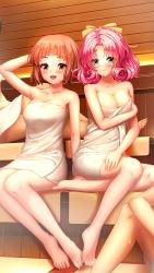 Rule 34 | 2girls, :d, bare arms, bare legs, barefoot, blush, bow, breasts, brown eyes, brown hair, character request, cleavage, closed mouth, collarbone, doukyuusei another world, game cg, green eyes, hair bow, hair tubes, indoors, kakyuusei, large breasts, long hair, minagawa nana, multiple girls, naked towel, open mouth, pink hair, sauna, short hair, sitting, smile, towel, yellow bow