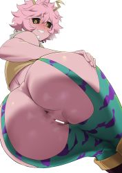 Rule 34 | 1girl, :p, anus, ashido mina, ass, ass focus, ass grab, bar censor, black sclera, blush, boku no hero academia, boots, bottomless, breasts, butt crack, censored, cleft of venus, colored sclera, colored skin, come hither, commentary request, female pubic hair, fingernails, from behind, grabbing own ass, green thighhighs, grin, hand on own thigh, highres, horns, huge ass, licking lips, long fingernails, looking at viewer, minakami (flyingman555), pink hair, pink skin, presenting, pubic hair, pussy, red footwear, shiny skin, short hair, simple background, skindentation, skirt, smile, solo, spread ass, thighhighs, thighs, tongue, tongue out, underwear, white background, wide hips, yellow eyes