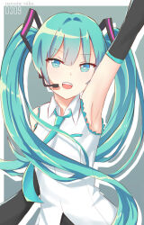 1girl :d aoki_chiaki aqua_eyes aqua_hair aqua_necktie armpits black_sleeves character_name chinese_commentary collared_shirt commentary_request detached_sleeves hatsune_miku headset highres long_hair long_sleeves mixed-language_commentary necktie open_mouth shirt sleeveless sleeveless_shirt smile teeth tongue twintails upper_teeth_only very_long_hair vocaloid white_shirt