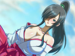 Rule 34 | 1girl, alternate costume, alternate hairstyle, bare shoulders, black hair, blue sky, blush, breasts, cleavage, cloud, collarbone, commentary request, day, dutch angle, gekoge satoru, green eyes, hair over one eye, hakama, hakama skirt, half-closed eyes, heybot!, high ponytail, japanese clothes, large breasts, lips, long hair, long sleeves, looking at viewer, looking down, miko, nejiyanagi yuuko, off shoulder, open mouth, outdoors, pale skin, ponytail, red hakama, shiny skin, sidelocks, skirt, sky, solo, upper body