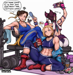 Rule 34 | 3girls, abs, aqua nails, ass, belt, black gloves, black hair, black pants, black sports bra, blonde hair, blue bodysuit, blue eyes, blue jacket, bodysuit, boots, breasts, brown hair, cammy white, capcom, capri pants, chun-li, cleavage, collar, combat boots, commentary, cropped jacket, crossed legs, dated, double bun, double vertical stripe, earrings, english commentary, english text, eyeliner, facial scar, fingerless gloves, full body, gloves, gym, hair bun, hair horns, hair ornament, hair ribbon, han juri, hand fan, handheld fan, hershuar, holding, holding fan, holding phone, hot, jacket, jewelry, kettlebell, large breasts, makeup, medium breasts, multiple belts, multiple girls, muscular, muscular female, on bench, padded gloves, pants, phone, pinky out, red footwear, ribbon, scar, scar on cheek, scar on face, selfie, short hair, sitting, speech bubble, spiked collar, spikes, sports bra, spread legs, street fighter, street fighter 6, street fighter zero (series), studded bracelet, sweat, thick thighs, thighs, towel, v, weights, white background, white pants, yoga pants