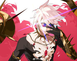 Rule 34 | 1boy, aokiku, armor, bishounen, blue eyes, cape, chest jewel, chinese commentary, earrings, fate/grand order, fate (series), fur collar, glasses, highres, jewelry, karna (fate), looking at viewer, male focus, official alternate costume, pale skin, solo, weibo logo, weibo watermark, white hair
