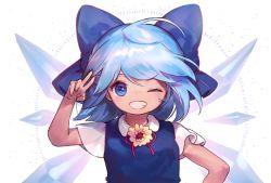 Rule 34 | 1girl, :d, ;d, ainy, bad id, bad twitter id, blue dress, blue eyes, blue hair, blue ribbon, bow, cirno, commentary request, dress, flower, grin, hidden star in four seasons, highres, ice, ice wings, one eye closed, open mouth, red bow, ribbon, short hair, short sleeves, smile, solo, tan, tanned cirno, teeth, touhou, v, wings