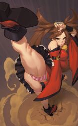Rule 34 | 1girl, absurdres, bare shoulders, breasts, brown eyes, brown hair, china dress, chinese clothes, detached sleeves, dress, fighting stance, guilty gear, guilty gear xrd, high heels, highres, kicking, kung fu, kuradoberi jam, large breasts, leg up, legs, long hair, martial arts, panties, riz, solo, striped clothes, striped panties, thick thighs, thigh strap, thighs, underwear, very long hair, wide sleeves