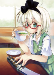 Rule 34 | 1girl, aqua eyes, bespectacled, blush, bow, breasts, cup, female focus, glasses, green tea, hair bow, hairband, hand on hilt, katana, konpaku youmu, looking at viewer, nanaroku (fortress76), pinky out, red-framed eyewear, saucer, sheath, sheathed, shirt, short hair, short sleeves, silver hair, skirt, skirt set, small breasts, solo, sword, table, tea, teacup, touhou, vest, weapon