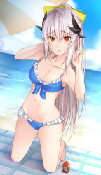 Rule 34 | 1girl, bad id, bad pixiv id, barefoot, beach, bikini, blue bikini, blue sky, bow, breasts, cleavage, cloud, collarbone, day, dutch angle, fate/grand order, fate (series), frilled bikini, frills, full body, groin, hair between eyes, hair bow, hands in hair, high ponytail, highres, horns, kanpyou (hghgkenfany), kiyohime (fate), kiyohime (swimsuit lancer) (third ascension) (fate), kneeling, large breasts, long hair, looking at viewer, navel, ocean, outdoors, parted lips, red eyes, silver hair, sky, solo, swimsuit, very long hair, yellow bow