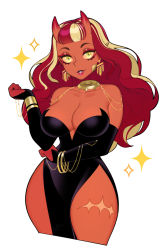 Rule 34 | 1girl, black dress, blonde hair, breasts, cleavage, colored skin, detached sleeves, disembodied head, dress, earrings, halphelt, hand up, highres, jewelry, large breasts, lipstick, long sleeves, looking at viewer, makeup, multicolored hair, original, parted lips, pelvic curtain, pointy ears, red hair, red lips, red skin, side slit, simple background, smile, solo, two-tone hair, white background, yellow eyes