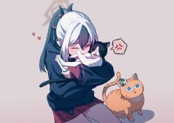 Rule 34 | 1girl, anger vein, animal, animal hug, animalization, aoore x64, black hair, black hoodie, blue archive, blush, brown background, cat, closed mouth, cowboy shot, earclip, grey hair, hair between eyes, halo, heart, highres, hood, hoodie, kayoko (blue archive), kazusa (blue archive), long hair, mari (blue archive), miniskirt, multiple cats, o o, plaid, plaid skirt, ponytail, red skirt, sidelocks, simple background, sitting, skirt, solo, spoken anger vein