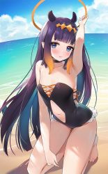 Rule 34 | 1girl, armpits, ayamy, beach, black gloves, blue eyes, blunt bangs, blush, breasts, dress, gloves, halo, highres, hololive, hololive english, long hair, looking at viewer, mole, mole under eye, multicolored hair, multiple girls, ninomae ina&#039;nis, open mouth, pointy ears, purple hair, smile, solo, tentacle hair, thighhighs, thighs, virtual youtuber
