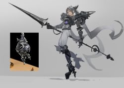 Rule 34 | 1girl, absurdres, armor, breastplate, circlet, closed mouth, gauntlets, gradient background, grey eyes, grey hair, grey theme, high heels, highres, holding, holding lance, holding polearm, holding weapon, lance, long hair, original, pauldrons, personification, photo-referenced, polearm, shoulder armor, sketch, solo, twintails, uedrk yamato, very long hair, weapon