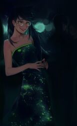 Rule 34 | 1girl, absurdres, bare shoulders, black hair, breasts, buck teeth, commentary, dress, glasses, green dress, green eyes, highres, homestuck, jade harley, lacryboy, long hair, round eyewear, small breasts, smile, solo, strapless, strapless dress, symbol-only commentary, teeth, tube dress, upper body