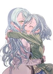 Rule 34 | 2girls, aqua hair, arms around neck, bang dream!, blush, braid, buttons, closed eyes, coat, commentary request, green coat, green eyes, grey coat, hand on another&#039;s back, hand on another&#039;s waist, highres, hikawa hina, hikawa sayo, hug, kimijunn, long hair, medium hair, multiple girls, open mouth, siblings, sisters, smile, sweater, twin braids, twins, white background, yellow sweater