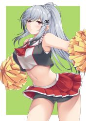 Rule 34 | 1girl, azur lane, bare shoulders, bra, bra peek, breasts, cheerleader, colored tips, cowboy shot, crop top, dunkerque (azur lane), gradient hair, green background, hair tubes, highres, holding, holding pom poms, large breasts, leaning forward, long hair, looking at viewer, midriff, miniskirt, multicolored hair, navel, pleated skirt, pom pom (cheerleading), pom poms, ponytail, purple eyes, rei (09991), shorts, shorts under skirt, sidelocks, simple background, skirt, solo, swept bangs, underwear