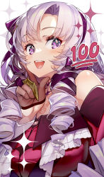 Rule 34 | 1girl, bare shoulders, black gloves, blush, breasts, dress, drill hair, gloves, hong (white spider), hyakumantenbara salome, hyakumantenbara salome (1st costume), large breasts, light purple hair, long hair, looking at viewer, nijisanji, off-shoulder dress, off shoulder, open mouth, parted bangs, purple eyes, red dress, smile, solo, sparkle, virtual youtuber