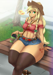 Rule 34 | 1girl, amano cigusa, applejack, bench, blonde hair, bracelet, braid, brown thighhighs, cleavage cutout, closed mouth, clothing cutout, colored skin, cowboy hat, crop top, denim, denim shorts, grass, green eyes, hat, high heels, highres, jewelry, long hair, midriff, my little pony, my little pony: equestria girls, my little pony: friendship is magic, navel, orange skin, outdoors, park bench, short shorts, shorts, sitting, solo, strapless, thick thighs, thighhighs, thighs, tree, wide hips