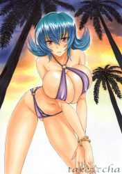 Rule 34 | 00s, 1girl, artist name, bare shoulders, bikini, blue bikini, blue hair, blush, bracelet, breast press, breasts, cleavage, collarbone, creatures (company), crossed arms, female focus, flipped hair, game freak, green hair, gym leader, huge breasts, jewelry, large breasts, leaning forward, looking at viewer, marker (medium), multicolored hair, navel, nintendo, o-ring, o-ring bikini, palm tree, pokemon, pokemon hgss, red eyes, sabrina (pokemon), short hair, solo, sunset, swimsuit, takecha, traditional media, tree, two-tone hair