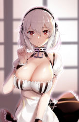 Rule 34 | 1girl, :o, akahito, anchor choker, azur lane, blush, breasts, choker, cleavage, dress, frilled choker, frills, hair between eyes, hairband, highres, lace-trimmed hairband, lace trim, large breasts, looking at viewer, open mouth, puffy short sleeves, puffy sleeves, red eyes, short hair, short sleeves, sirius (azur lane), solo, standing, white dress, white frills, white hair