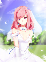 Rule 34 | 1girl, absurdres, azur lane, bare shoulders, blue sky, blurry, blurry background, breasts, bridal gauntlets, bridal veil, choker, cleavage, closed mouth, cloud, collarbone, day, dd (897671246), dress, earrings, feathers, gloves, head tilt, highres, jewelry, juno (azur lane), long hair, medium breasts, no bra, outdoors, pink hair, sky, smile, solo, veil, wedding dress, white dress, white gloves, wind, wind lift